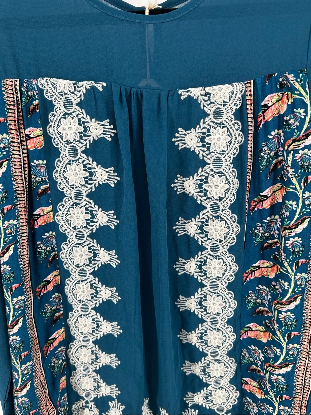 NWT Entro Teal Boho Shift Dress M Lace Floral Border Print Sheer Long Sleeve - Picture 4 of 7